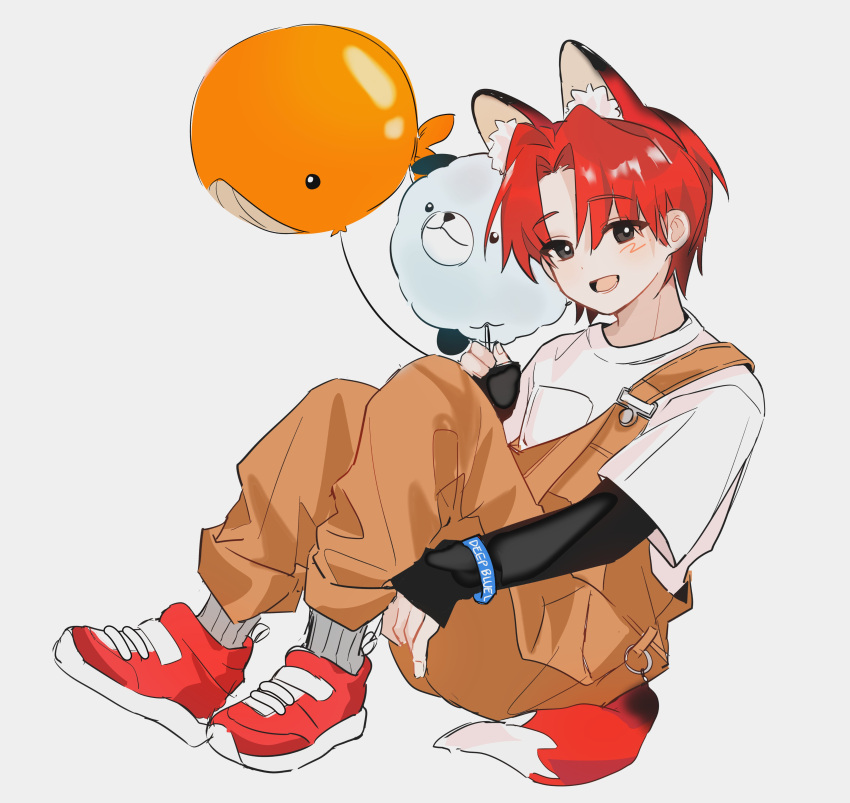 1boy 8enthopelagic absurdres aged_down animal_balloon animal_ear_fluff animal_ears balloon black_eyes blush brown_overalls child commentary_request eoduun_badaui_deungbul-i_doeeo fox_boy fox_ears fox_tail full_body highres holding holding_balloon kemonomimi_mode kim_jaehee knees_up korean_commentary layered_sleeves long_sleeves looking_at_viewer male_focus open_mouth overalls red_footwear redhead shirt shoes short_hair short_over_long_sleeves short_sleeves simple_background sitting smile solo tail white_background white_shirt