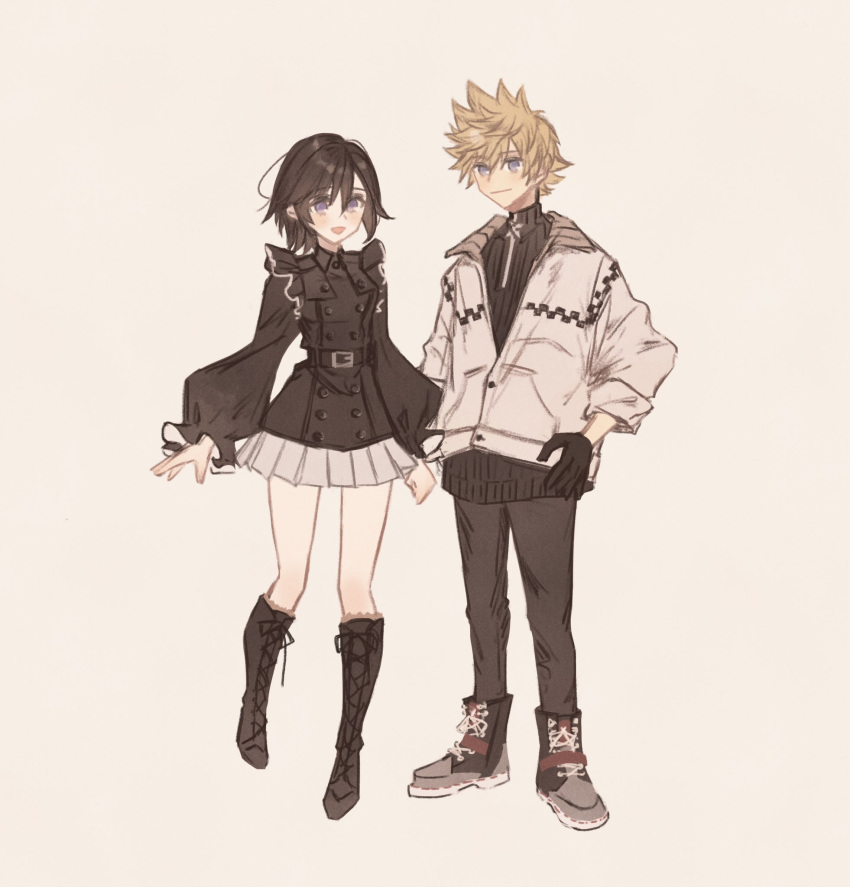 1boy 1girl alternate_costume artist_request black_hair blonde_hair blue_eyes boots full_body gloves highres kingdom_hearts kingdom_hearts_358/2_days looking_at_viewer open_mouth roxas short_hair simple_background skirt smile spiky_hair xion_(kingdom_hearts)