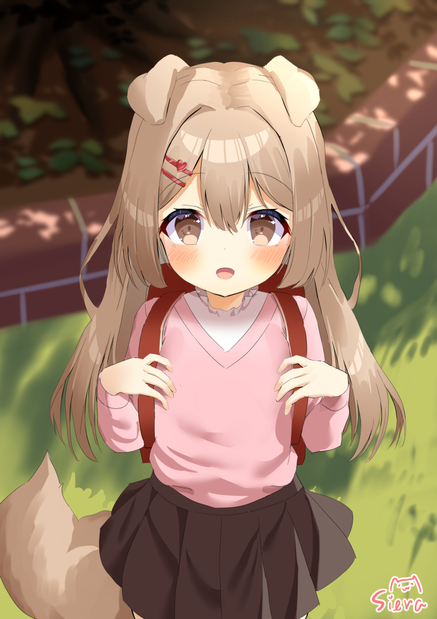 1girl :d animal_ears backpack bag black_skirt blush brown_eyes brown_hair commentary_request cowboy_shot dog_ears dog_girl dog_tail double-parted_bangs flat_chest hair_between_eyes hair_ornament hairclip highres long_hair looking_at_viewer miniskirt open_mouth original outdoors paid_reward_available pink_sweater pleated_skirt red_bag shirt siera_(sieracitrus) skirt smile solo sweater tail white_shirt