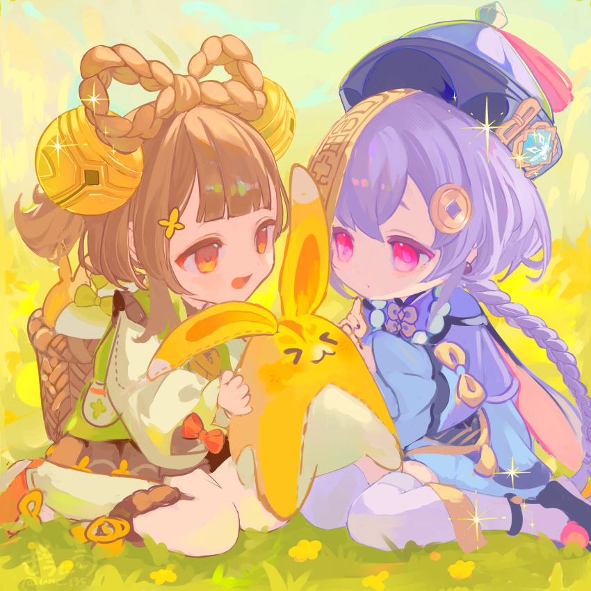 2girls absurdres animal backpack_basket blue_dress blue_footwear blunt_bangs bow bow-shaped_hair braid braided_hair_rings braided_ponytail cape chinese_clothes chinese_commentary commentary dress field genshin_impact green_dress gyuunyuu_(unc_135) hair_ornament hat highres holding holding_animal jiangshi long_hair long_sleeves looking_at_another mixed-language_commentary multiple_girls ofuda_on_head open_mouth orange_eyes orange_hair outdoors puffy_long_sleeves puffy_sleeves purple_cape purple_hair purple_headwear qing_guanmao qiqi_(genshin_impact) shirt sitting smile sparkle thigh-highs wariza white_thighhighs yaoyao_(genshin_impact) yellow_bow yellow_shirt yuegui_(genshin_impact)