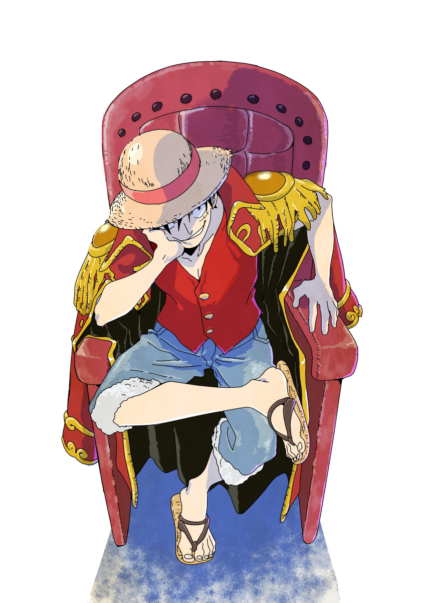 1boy absurdres black_hair commentary_request denim hat highres jacket jacket_on_shoulders kojima_takashi looking_at_viewer monkey_d._luffy one_piece pants red_shirt sandals scar scar_on_face shirt short_hair simple_background sitting smirk solo straw_hat throne white_background
