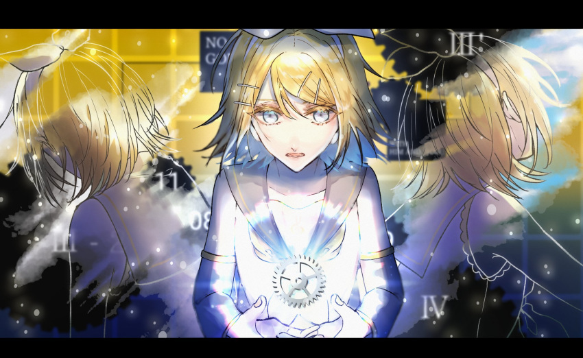 1girl bare_shoulders blonde_hair blue_eyes blue_sky bow clouds collarbone colored_eyelashes detached_sleeves evillious_nendaiki flat_chest floating floating_object gears grey_sailor_collar grey_sleeves hair_bow hair_ornament hairclip highres kagamine_rin light_particles looking_at_viewer looking_down looking_up medium_hair multiple_persona neckerchief open_mouth roman_numeral sailor_collar sky solo treble_clef vocaloid warabi_(danngo-mitarasi) white_bow yellow_background yellow_nails yellow_neckerchief zenmai_jikake_no_komoriuta_(vocaloid)