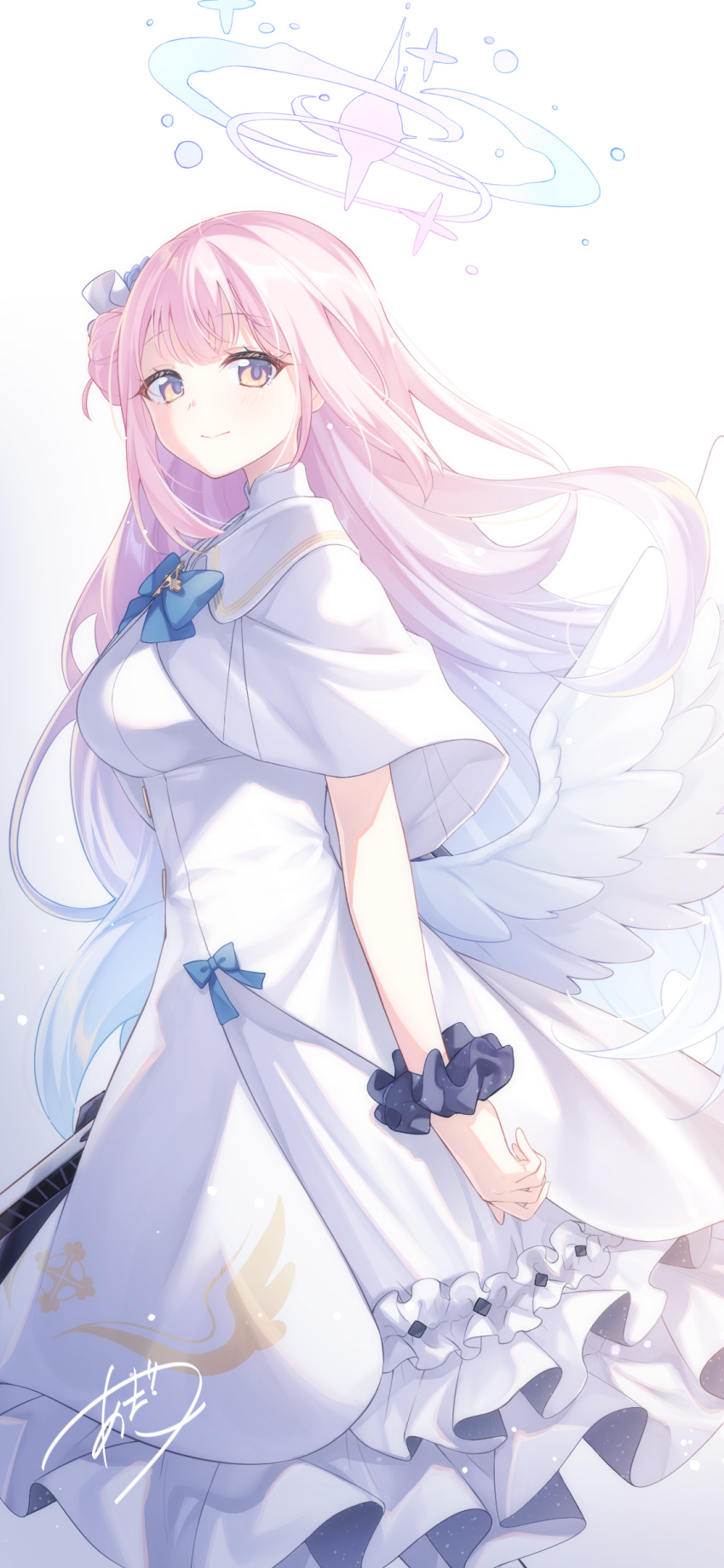 1girl absurdres amatsuji angel_wings blue_archive blush brown_eyes capelet closed_mouth dress feathered_wings frilled_dress frills halo highres long_hair looking_at_viewer mika_(blue_archive) pink_hair pink_halo signature smile solo white_capelet white_dress white_wings wings