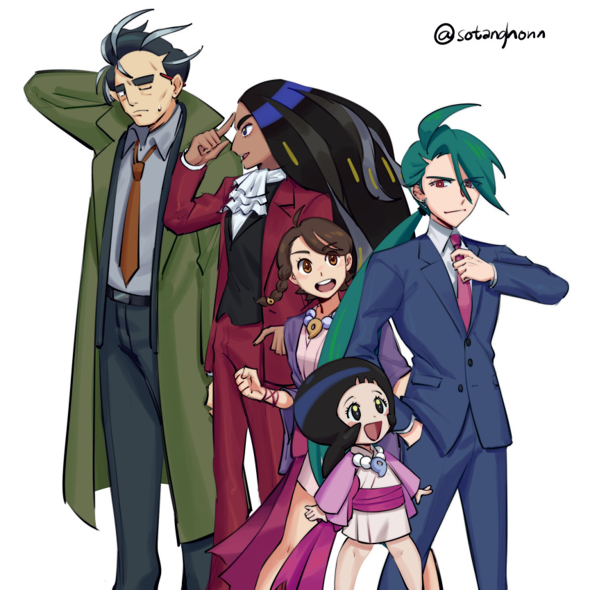 1boy 4girls ace_attorney adjusting_clothes adjusting_necktie ahoge androgynous ascot belt black_belt black_hair black_pants black_vest blue_eyes blue_jacket blue_pants blunt_bangs blush braid bright_pupils brown_eyes brown_hair closed_mouth coat collared_shirt commentary cosplay dark-skinned_female dark_skin dick_gumshoe dick_gumshoe_(cosplay) earrings english_commentary finger_to_head geeta_(pokemon) green_coat green_hair grey_hair grey_shirt hanten_(clothes) highres jacket japanese_clothes jewelry juliana_(pokemon) kimono larry_(pokemon) long_hair long_sleeves looking_at_another magatama magatama_necklace maya_fey maya_fey_(cosplay) miles_edgeworth miles_edgeworth_(cosplay) multicolored_hair multiple_girls multiple_piercings necklace necktie one_eye_closed open_mouth orange_necktie pants pearl_fey pearl_fey_(cosplay) phoenix_wright phoenix_wright_(cosplay) pink_jacket pink_sash pokemon pokemon_(game) pokemon_sv ponytail poppy_(pokemon) purple_jacket red_eyes red_jacket red_pants reverse_trap rika_(pokemon) sash scratching_head shirt short_hair short_kimono simple_background smile sotanghonn standing streaked_hair suit sweatdrop twitter_username very_long_hair vest white_background white_kimono white_pupils white_shirt