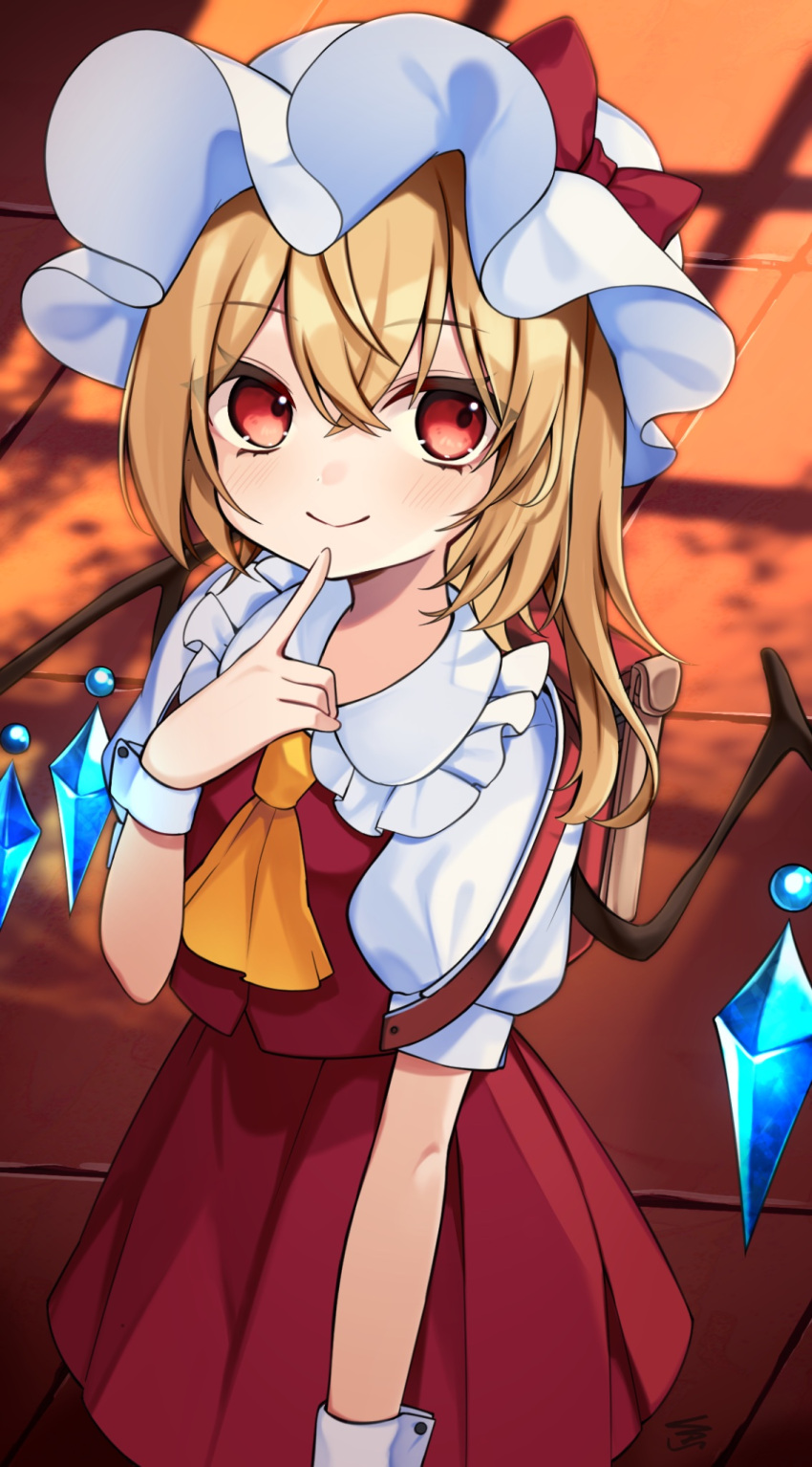 1girl ascot blonde_hair blush closed_mouth collared_shirt crystal flandre_scarlet frilled_shirt_collar frills hair_between_eyes hat highres long_hair looking_at_viewer mob_cap one_side_up puffy_short_sleeves puffy_sleeves red_eyes red_skirt red_vest shirt short_sleeves signature skirt smile solo touhou vest white_headwear white_shirt wings wrist_cuffs yellow_ascot yuineko