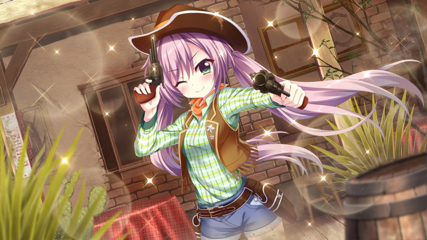 1girl aiming aiming_at_viewer bandana barrel blurry blurry_background brick_wall brown_headwear brown_vest bulletin_board closed_mouth cowboy cowboy_hat cowboy_western denim denim_shorts dot_nose dual_wielding dutch_angle film_grain finger_on_trigger game_cg green_eyes green_shirt gun handgun hat holding izumi_tsubasu leather_vest lens_flare long_hair long_sleeves looking_at_viewer misaki_sango non-web_source official_art one_eye_closed orange_bandana plaid plaid_shirt purple_hair re:stage! round_table shirt short_shorts shorts smile solo sparkle star_(symbol) table tablecloth twintails vest weapon weapon_request window wooden_chair