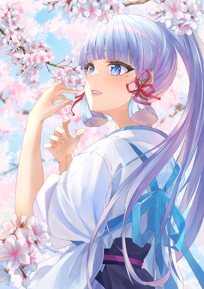 1girl absurdres blue_eyes blue_hair blue_sky chakuma_(yiyh1468) cherry_blossoms commentary_request day genshin_impact hands_up highres japanese_clothes kamisato_ayaka kimono long_hair outdoors ponytail sky solo upper_body very_long_hair white_kimono