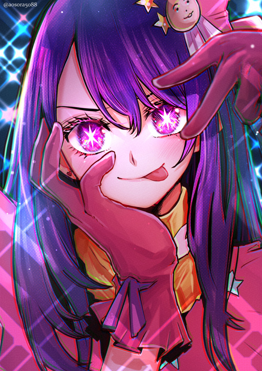 1girl aosora2823 blush bright_pupils diffraction_spikes earrings gloves hand_on_own_cheek hand_on_own_face head_rest heart heart_earrings highres hoshino_ai_(oshi_no_ko) jewelry oshi_no_ko purple_hair red_gloves smile solo star-shaped_pupils star_(symbol) symbol-shaped_pupils tongue tongue_out twitter_username upper_body v v_over_eye violet_eyes white_pupils