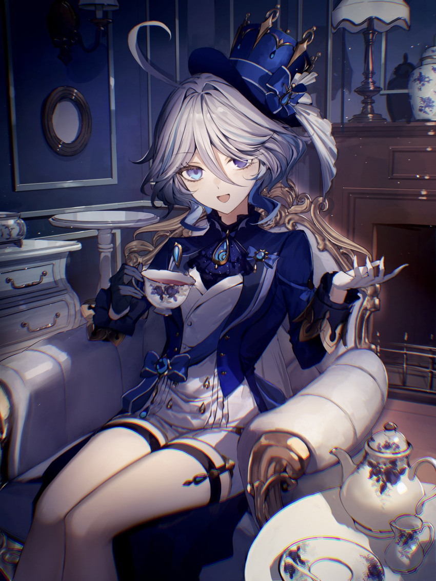 1girl ahoge armchair ascot asymmetrical_gloves black_gloves black_shirt blue_ascot blue_bow blue_brooch blue_eyes blue_gemstone blue_hair blue_headwear blue_jacket blue_sash bow brooch chair chromatic_aberration creamer_(vessel) cup drawer fireplace furina_(genshin_impact) gem genshin_impact gloves hair_between_eyes hair_intakes hands_up hat hat_bow heterochromia highres holding holding_cup indoors jacket jewelry lamp long_hair long_sleeves looking_at_viewer mini_hat mini_top_hat mirror mismatched_gloves multicolored_hair on_chair open_mouth ponytail sash saucer shirt shorts shoulder_sash sitting smile solo table tamitami teacup teapot thigh_strap top_hat vase vest white_gloves white_hair white_shorts white_vest