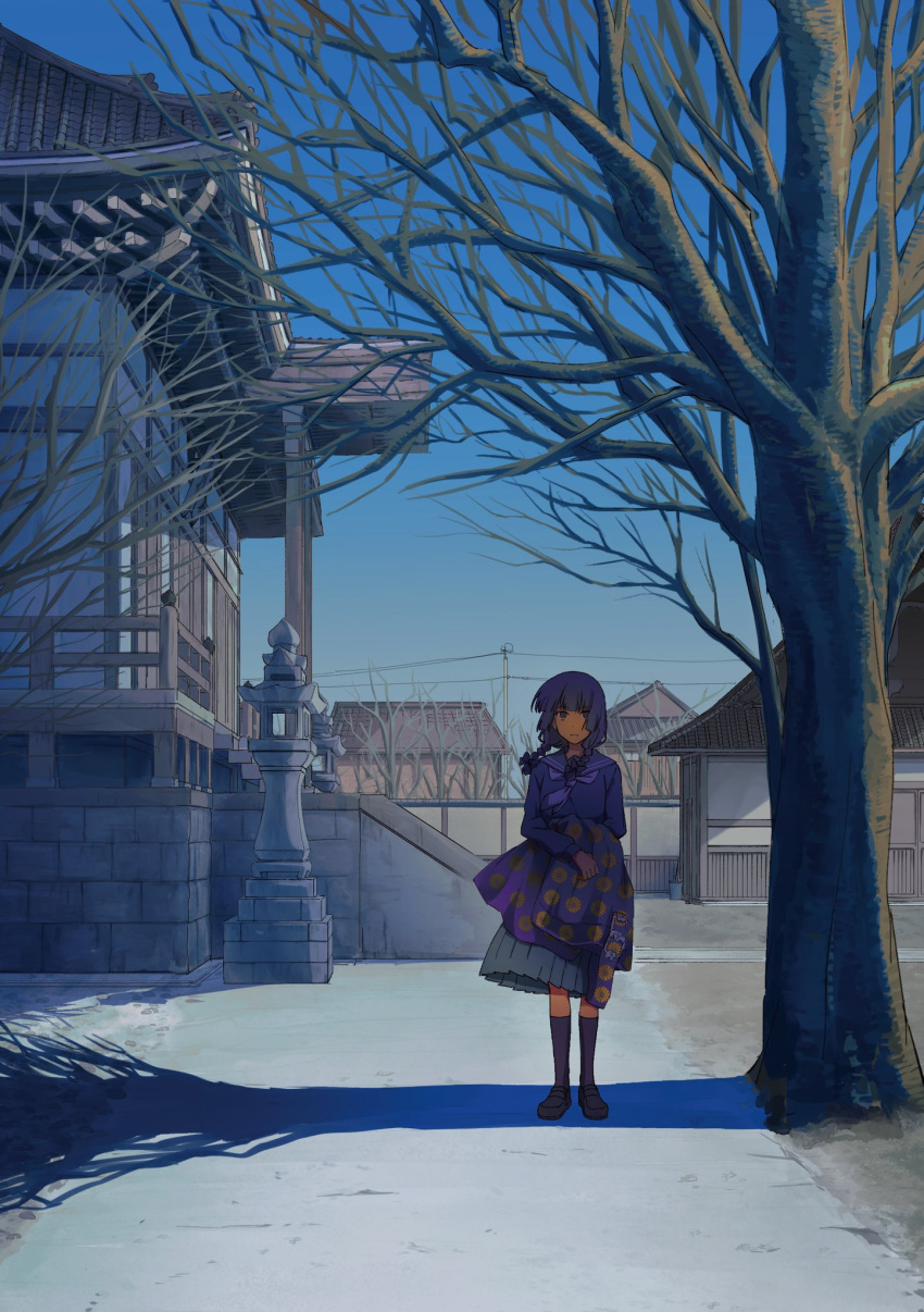 1girl architecture black_socks blue_sailor_collar blue_shirt bocchi_the_rock! braid brown_footwear building closed_mouth commentary day east_asian_architecture grey_skirt highres hime_cut hiroi_kikuri house kneehighs loafers long_hair long_sleeves looking_at_viewer lowlifescore neckerchief outdoors pleated_skirt power_lines puffy_sleeves purple_neckerchief sailor_collar scenery school_uniform serafuku shadow shirt shoes skirt socks solo twin_braids utility_pole wide_shot winter