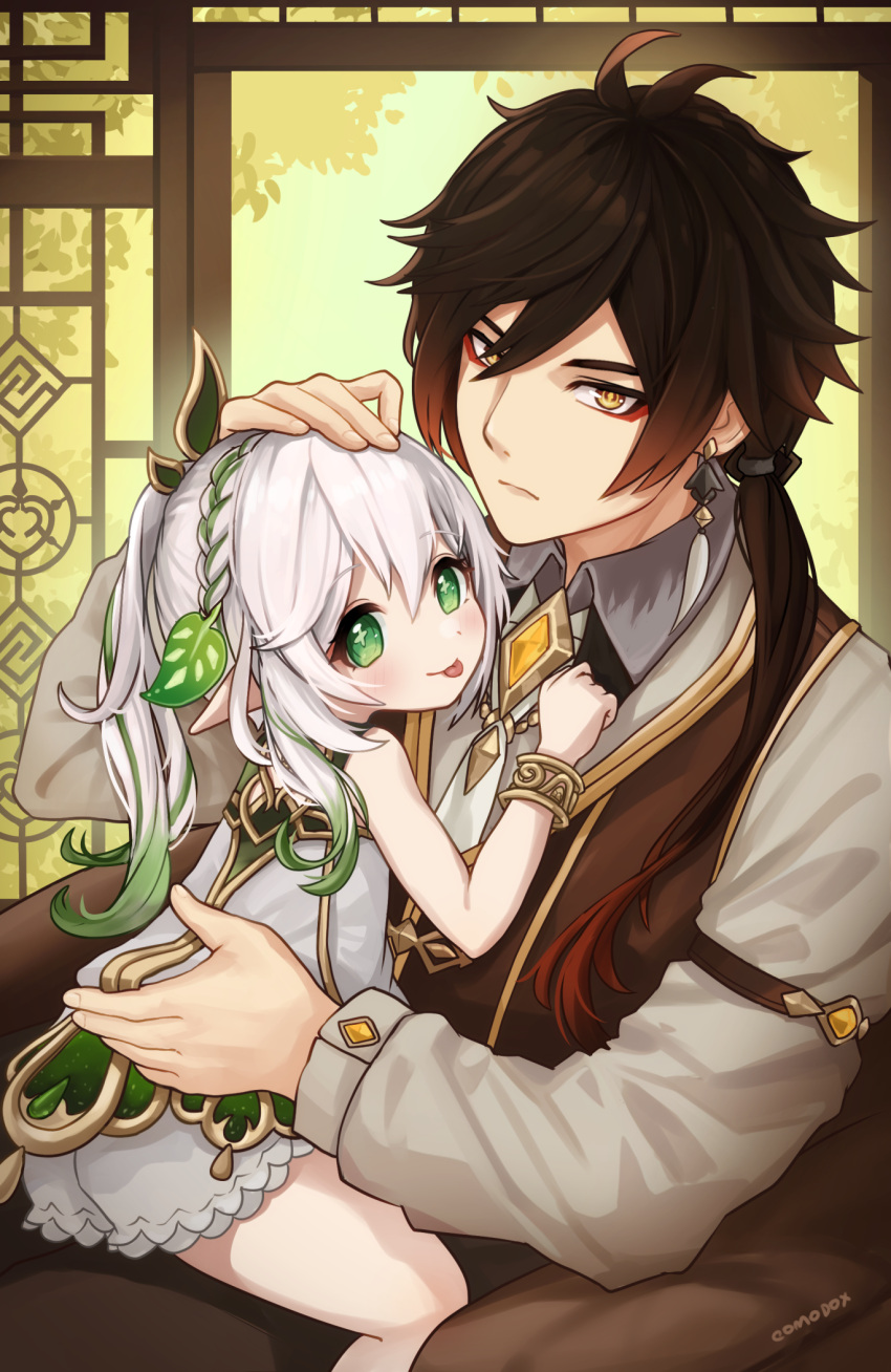 1boy 1girl :p bare_arms bare_shoulders bloomers bracelet brown_hair brown_vest closed_mouth collared_shirt commentary comodomodo dress earrings english_commentary genshin_impact gradient_hair green_eyes green_hair hair_ornament hair_over_shoulder hand_on_another's_head highres jewelry leaf_hair_ornament long_hair long_sleeves looking_at_viewer low_ponytail multicolored_hair nahida_(genshin_impact) pointy_ears redhead shirt short_dress sitting sitting_on_lap sitting_on_person sleeveless sleeveless_dress streaked_hair tongue tongue_out two-tone_hair underwear vest white_bloomers white_dress white_hair white_shirt yellow_eyes zhongli_(genshin_impact)