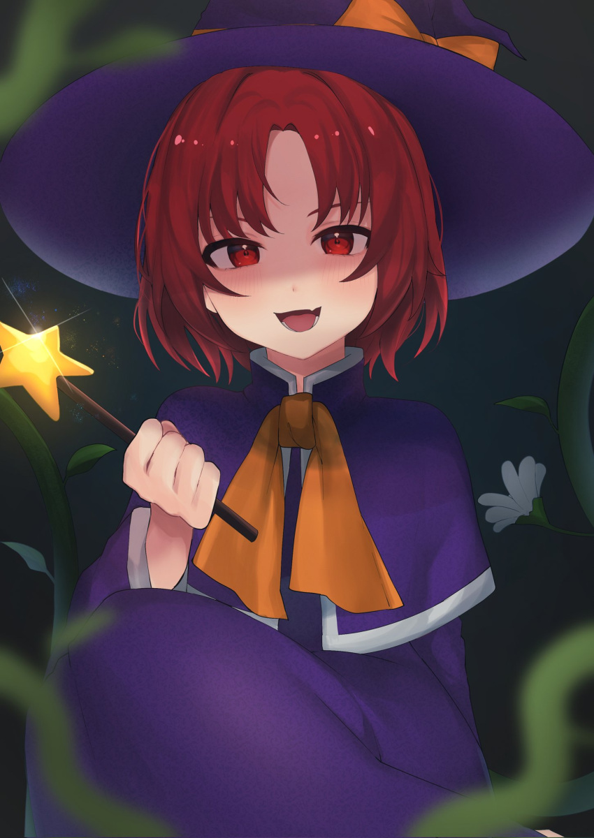 1girl blurry blush bow capelet dress fang flower grass hand_up hat hat_bow highres holding holding_wand kirisame_marisa kirisame_marisa_(pc-98) long_sleeves looking_at_viewer majime_joe open_mouth orange_bow parted_bangs plant purple_capelet purple_dress purple_headwear red_eyes redhead short_hair sitting skin_fang smile solo sparkle star_(symbol) teeth tongue touhou touhou_(pc-98) wand white_flower witch_hat