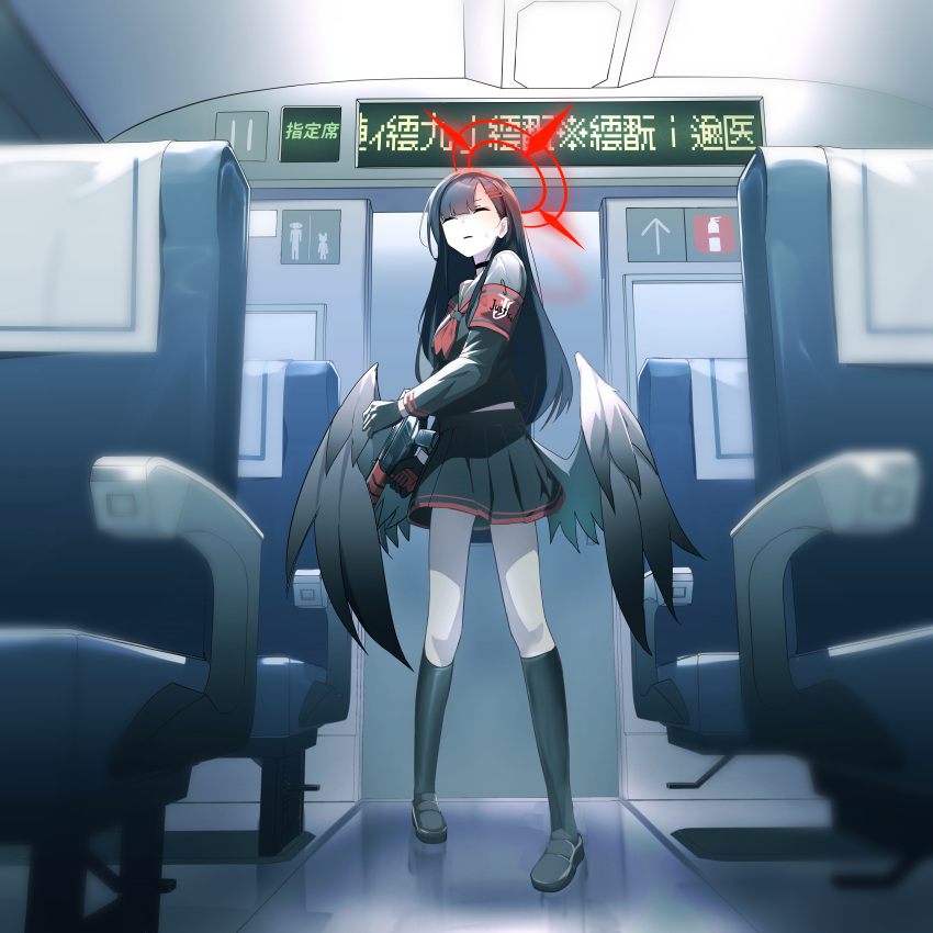 1girl absurdres assault_rifle black_choker black_footwear black_hair black_sailor_collar black_serafuku black_skirt black_socks black_wings blue_archive bullpup choker closed_eyes commentary_request em-2 feathered_wings full_body gun halo highres holding holding_gun holding_weapon ichika_(blue_archive) indoors kneehighs long_hair long_sleeves low_wings midriff_peek mojibake_text neckerchief pigeon-toed pleated_skirt red_halo red_neckerchief rifle sailor_collar school_uniform serafuku shoes skirt socks solo standing train_interior translation_request weapon wings yoshiki_(dimentiondimention)