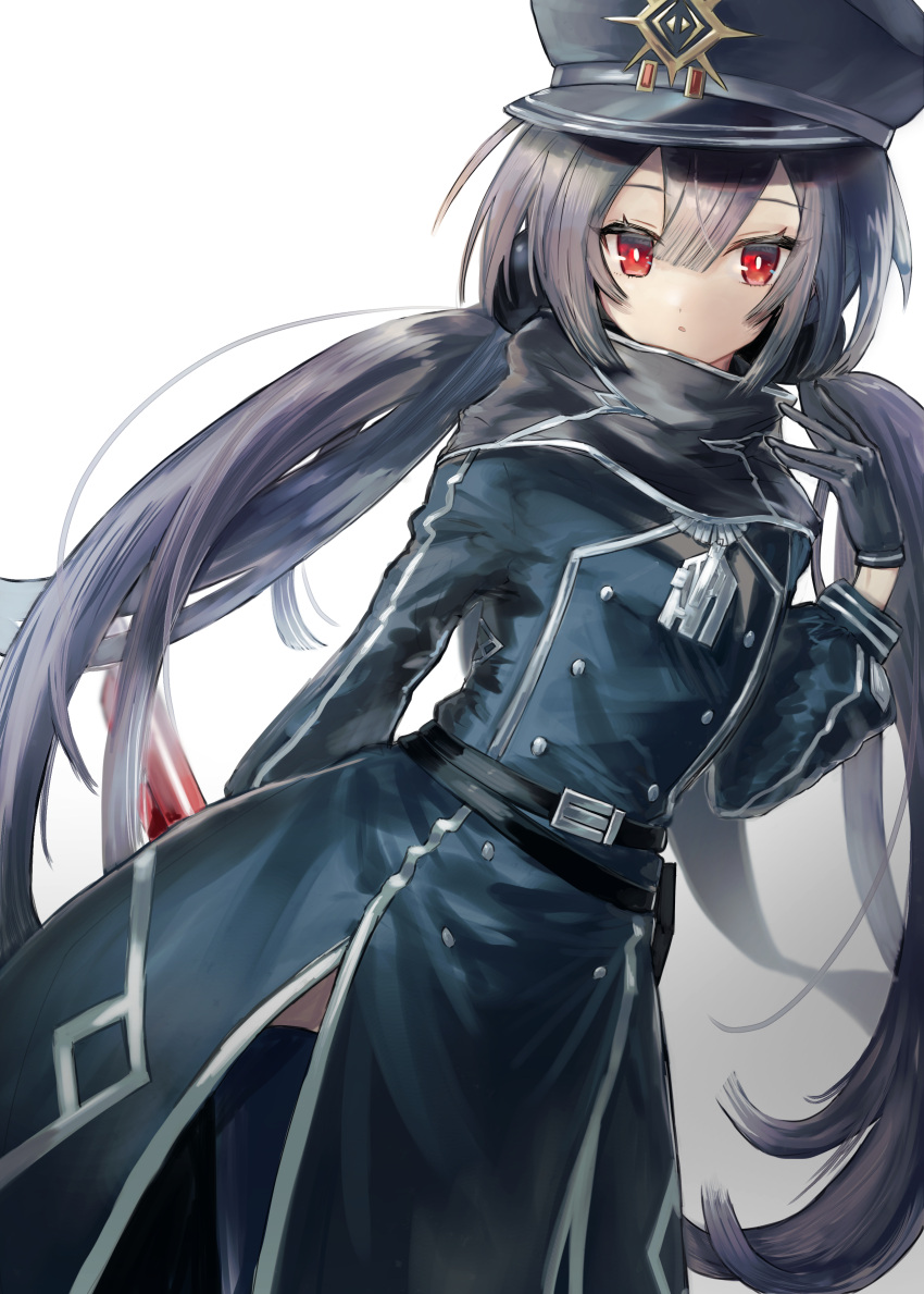 1girl :o absurdres arm_behind_back belt black_belt black_gloves blue_thighhighs bright_pupils buttons double-breasted double-parted_bangs duel_monster flat_chest gloves grey_hair grey_headwear hair_between_eyes hand_up highres long_hair long_sleeves looking_at_viewer military_uniform nataro_1116 open_mouth puffy_long_sleeves puffy_sleeves red_eyes simple_background sky_striker_ace_-_roze solo thigh-highs twintails uniform very_long_hair white_background white_pupils yu-gi-oh!