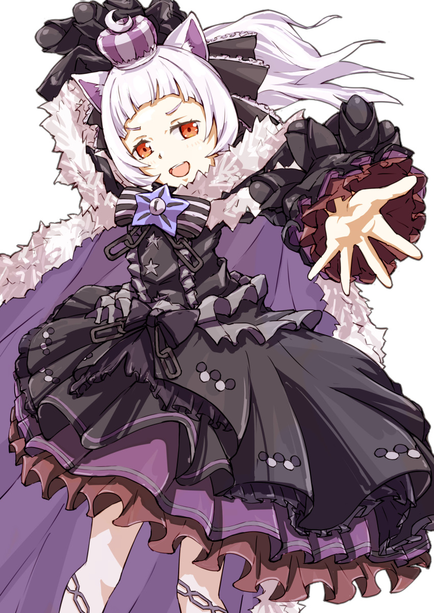1girl absurdres animal_ears arched_bangs black_dress black_ribbon black_sleeves blonde_hair cat_ears detached_sleeves dress frilled_dress frilled_ribbon frilled_sleeves frills fur-trimmed_dress fur_trim gothic_lolita grey_hair hair_ribbon highres hololive lolita_fashion long_hair looking_at_viewer murasaki_shion murasaki_shion_(5th_costume) official_alternate_costume outstretched_hand ribbon short_eyebrows sidelocks smile solo taka_no_oo teeth upper_teeth_only virtual_youtuber white_background