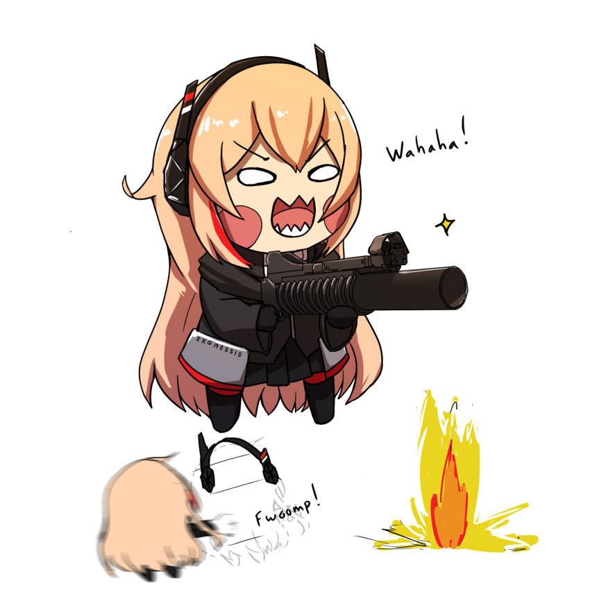 0w0 1girl :3 artist_name black_gloves black_jacket blonde_hair blush_stickers chibi commission exonessis explosion girls_frontline gloves gun hair_between_eyes headgear highres holding holding_gun holding_weapon jacket long_hair long_sleeves m4_sopmod_ii_jr motion_lines multicolored_hair multiple_views recoil redhead simple_background smile standing star_(symbol) streaked_hair weapon white_background