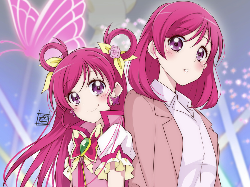 2girls artist_logo back-to-back blazer bug butterfly butterfly_brooch butterfly_earrings closed_mouth collared_shirt commentary_request cure_dream earrings frilled_sleeves frills glowing_butterfly hair_ribbon highres holding_hands jacket jewelry kibou_no_chikara_~otona_precure_'23~ long_hair looking_at_viewer magical_girl medium_hair multiple_girls parted_lips partial_commentary pink_hair pink_jacket precure puffy_short_sleeves puffy_sleeves ribbon shirt short_sleeves smile time_paradox two_side_up violet_eyes white_shirt yellow_ribbon yes!_precure_5 yes!_precure_5_gogo! yumehara_nozomi zero-theme