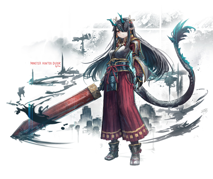 1girl absurdres arknights black_footwear black_gloves black_hair blue_hair breasts closed_mouth commentary_request dragon_girl dragon_horns dragon_tail dusk_(arknights) franlol gloves hair_over_one_eye hakama hakama_pants highres holding holding_sword holding_weapon horns huge_weapon japanese_clothes long_hair medium_breasts monster_hunter_(series) multicolored_hair orange_eyes pants pointy_ears red_pants solo standing streaked_hair sword tail very_long_hair weapon