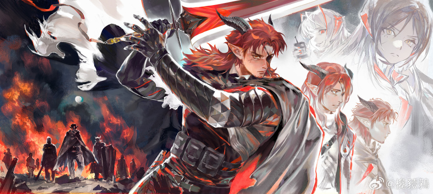 2girls 3boys arknights battle battlefield black_shirt character_request cowboy_shot demon_horns eyepatch facial_hair fire gauntlets goatee greatsword highres hoederer_(arknights) holding holding_sword holding_weapon horns long_hair looking_ahead male_focus mcmeao multiple_boys multiple_girls pointy_ears redhead serious shirt smoke solo_focus sword thick_eyebrows weapon