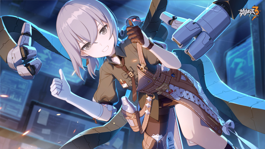 1girl asymmetrical_gloves bottle breasts bronya_zaychik bronya_zaychik_(haxxor_bunny) brown_gloves brown_necktie brown_sleeves chinese_commentary earrings elbow_gloves gloves grey_eyes grey_hair hair_between_eyes hanging happy highres honkai_(series) honkai_impact_3rd jewelry logo long_sleeves looking_at_viewer mechanical_arms necktie official_alternate_costume official_art official_wallpaper ponytail small_breasts solo sparks thumbs_up watch watch white_gloves