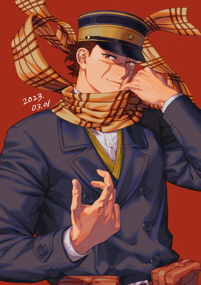 1boy absurdres adjusting_scarf blue_coat brown_eyes buttons coat dated floating_hair golden_kamuy hand_up hat highres hnd_rkj imperial_japanese_army kepi long_sleeves looking_at_viewer male_focus military_hat orange_background scar scar_on_cheek scar_on_face scar_on_nose scarf short_hair sideburns_stubble smile solo spiky_hair sugimoto_saichi upper_body yellow_scarf