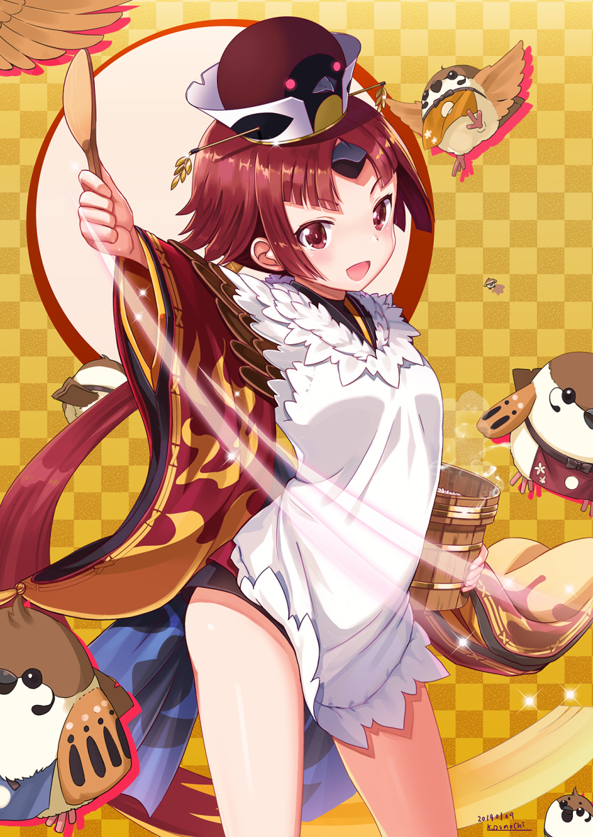 1girl :d animal apron bamboo_steamer benienma_(fate) bird black_shorts blush brown_headwear checkered_background commentary_request dated drop_shadow eurasian_tree_sparrow fate/grand_order fate_(series) hat highres holding japanese_clothes kimono kuzumochi_(kuzumochiya) long_hair long_sleeves looking_at_viewer mini_hat outstretched_arm parted_bangs red_eyes red_kimono redhead rice short_shorts shorts signature smile solo sparrow standing very_long_hair white_apron wide_sleeves