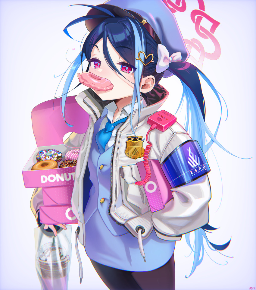 1girl aa2mee absurdres blue_archive blue_hair commentary cowboy_shot doughnut drink food fubuki_(blue_archive) hair_ornament halo heart heart_hair_ornament highres jacket long_hair long_sleeves mouth_hold multicolored_hair open_clothes open_jacket red_eyes red_halo solo streaked_hair symbol-only_commentary twintails white_jacket