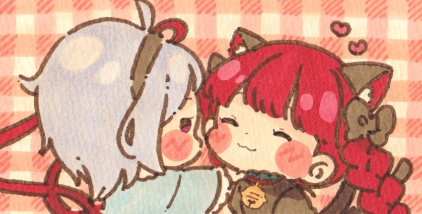 2girls animal_ears black_bow black_hairband blush bow braid cat_ears cat_tail chibi closed_eyes closed_mouth commentary_request extra_ears hair_bow hairband heart kaenbyou_rin komeiji_satori looking_at_viewer multiple_girls multiple_tails nekomata pink_eyes plaid plaid_background redhead sasa6666s short_hair tail touhou twin_braids two_tails upper_body