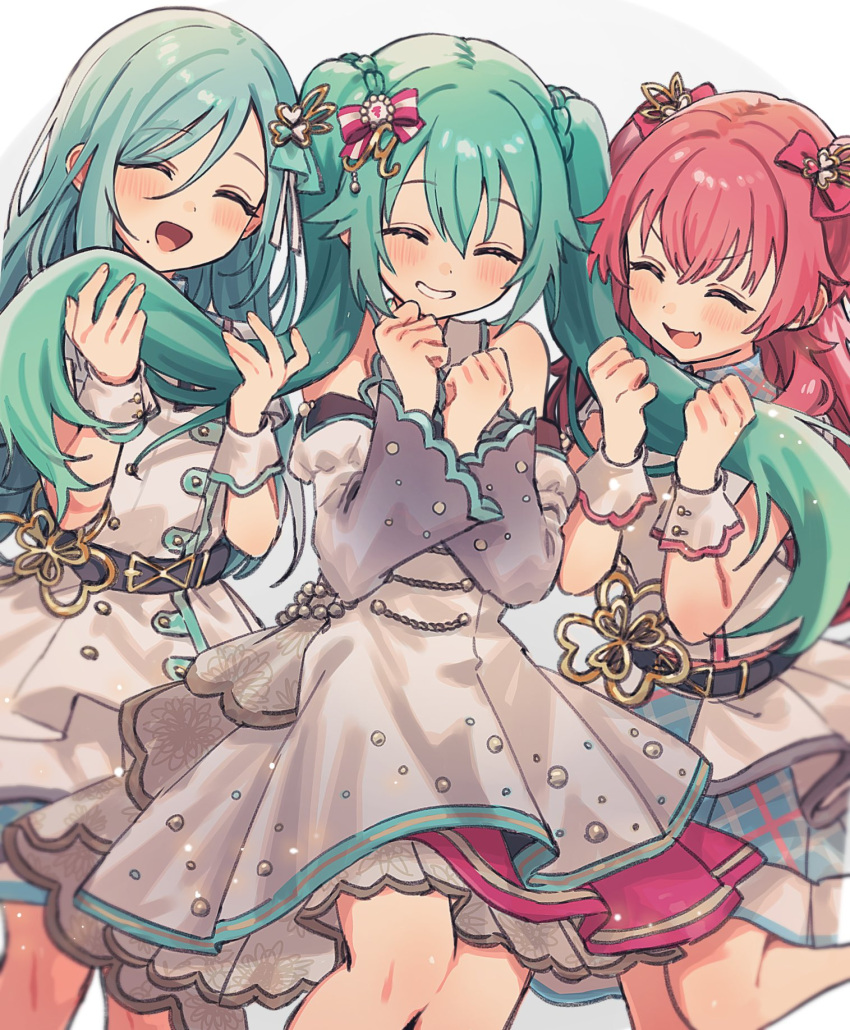 3girls ^_^ bare_shoulders belt black_belt blush buttons clenched_hand closed_eyes detached_sleeves double-breasted dress facing_viewer fang feet_out_of_frame gradient_sleeves green_hair grin hair_ornament hair_ribbon hands_up hatsune_miku highres hinomori_shizuku holding_another's_hair layered_dress long_hair long_sleeves matching_outfits momoi_airi multiple_girls official_alternate_costume open_mouth project_sekai puffy_long_sleeves puffy_sleeves redhead ribbon sleeveless sleeveless_dress smile standing striped striped_ribbon twintails two_side_up uminokaisen vocaloid white_background white_dress wide_sleeves wrist_cuffs