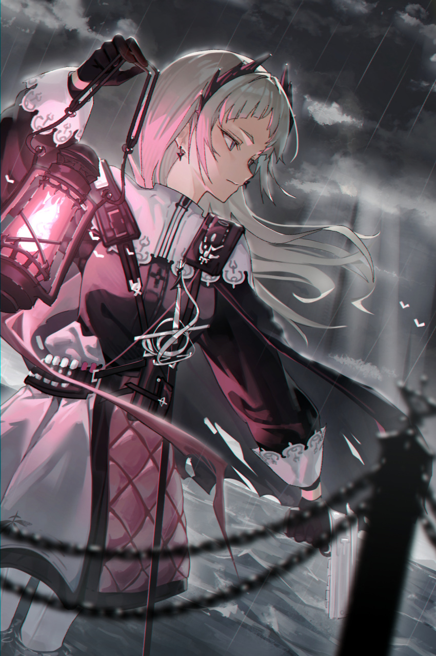 1girl arknights black_cape black_gloves black_jacket blurry blurry_foreground cape capelet closed_mouth clouds cloudy_sky commentary_request depth_of_field earrings floating_hair gloves grey_eyes grey_hair gun handgun head_wings highres holding holding_gun holding_lantern holding_weapon irene_(arknights) jacket jewelry lantern light_rays long_hair long_sleeves looking_to_the_side outdoors pink_skirt puffy_long_sleeves puffy_sleeves rain skirt sky solo sye very_long_hair weapon white_capelet white_skirt wings