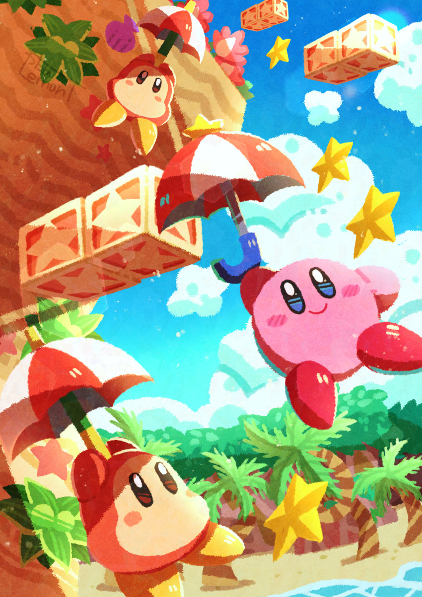 absurdres beach blue_sky blush_stickers clouds colored_skin commentary_request highres holding holding_umbrella kirby kirby's_return_to_dream_land kirby_(series) looking_at_another no_humans palm_tree pink_skin sand signature sky smile solid_oval_eyes star_(symbol) tree umbrella waddle_dee watawata22