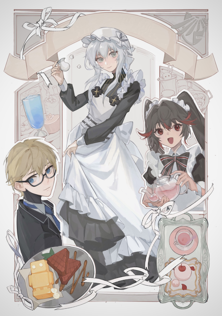 18_kawaki 1boy 2girls alternate_costume apron black-framed_eyewear black_dress black_hair black_suit blue_eyes blue_necktie bonnet dress grey_eyes grey_hair hair_between_eyes highres lee_(punishing:_gray_raven) light_brown_hair liv:_empyrea_(punishing:_gray_raven) liv_(punishing:_gray_raven) long_hair long_sleeves lucia_(punishing:_gray_raven) maid maid_apron multicolored_hair multiple_girls neck_ribbon necktie punishing:_gray_raven redhead ribbon short_hair short_hair_with_long_locks short_sleeves sidelocks streaked_hair suit white_apron white_headwear