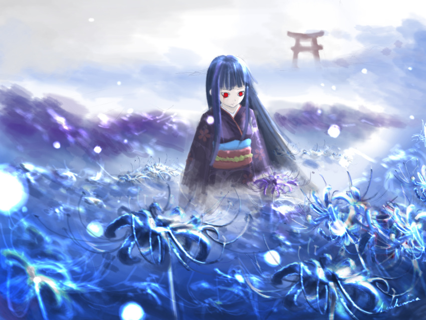 1girl black_hair blue_flower blue_spider_lily closed_mouth clouds commentary_request enma_ai floral_print floral_print_kimono flower highres hime_cut japanese_clothes jigoku_shoujo kimono leukeamia long_hair long_sleeves looking_down obi red_eyes sash sidelocks solo spider_lily torii very_long_hair