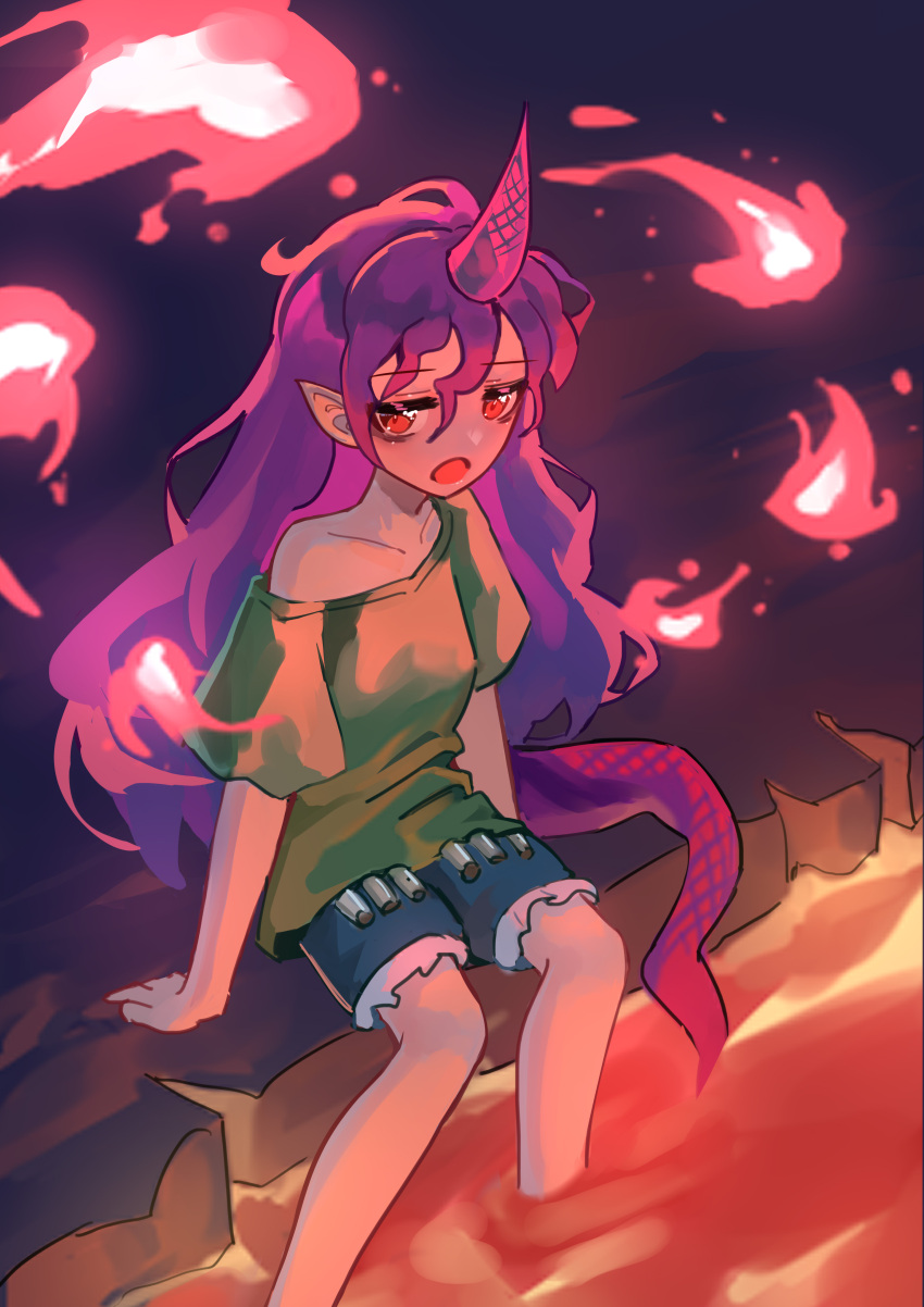1girl absurdres ailu_elf collarbone feet_out_of_frame fire green_shirt green_shorts highres horns long_hair open_mouth pointy_ears purple_hair red_eyes red_horns red_tail shirt short_sleeves shorts single_horn sitting solo tenkajin_chiyari test_tube touhou