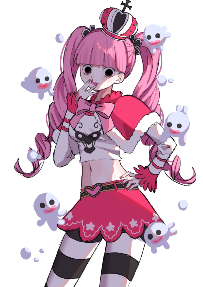 1girl belt black_belt black_eyes bow breasts capelet crop_top crown drill_hair ghost hand_on_own_hip heart_belt highres long_hair looking_at_viewer medium_breasts midriff mochi_mochi052 navel one_piece perona pink_bow pink_capelet pink_hair pink_nails pink_skirt shirt simple_background skirt smile standing striped striped_thighhighs thigh-highs twintails very_long_hair white_background white_shirt