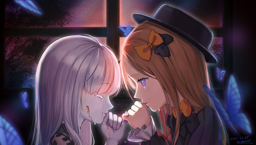 2girls abigail_williams_(fate) animal black_bow black_dress black_headwear blonde_hair blood blood_on_face blue_eyes bow bug butterfly closed_eyes closed_mouth commentary_request crying crying_with_eyes_open dated dress fate/grand_order fate_(series) grey_hair hair_bow indoors kuzumochi_(kuzumochiya) lavinia_whateley_(fate) long_hair long_sleeves multiple_girls orange_bow pale_skin parted_bangs pinky_swear profile puffy_long_sleeves puffy_sleeves signature sleeves_past_wrists tears upper_body window