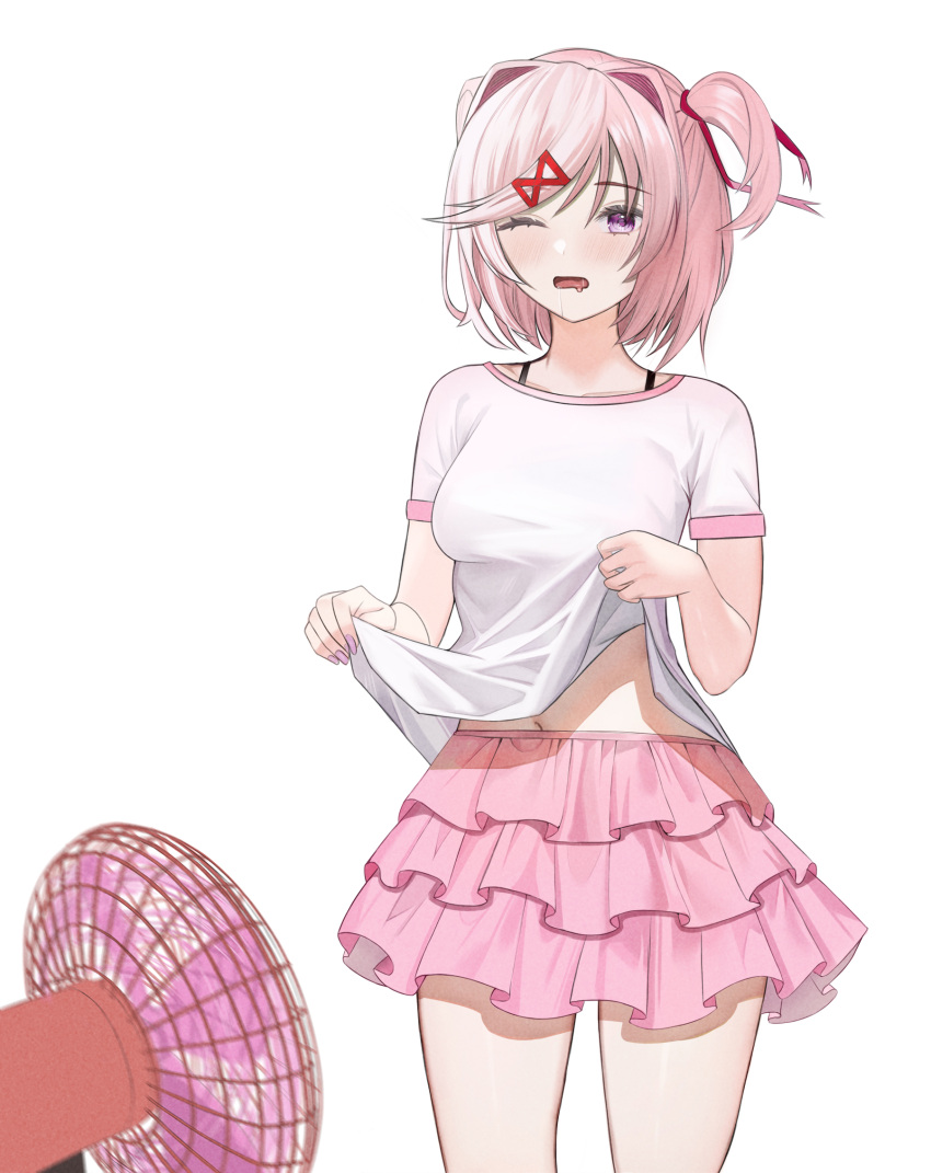 1girl blush breasts clothes_lift doki_doki_literature_club drooling electric_fan english_commentary hair_ornament hair_ribbon hairclip highres hot layered_skirt lifted_by_self natsuki_(doki_doki_literature_club) navel one_eye_closed open_mouth pink_eyes pink_hair pink_skirt pink_trim red_ribbon ribbon shirt shirt_lift simple_background skirt solo thighs two_side_up white_background white_shirt yami_(rear4742)