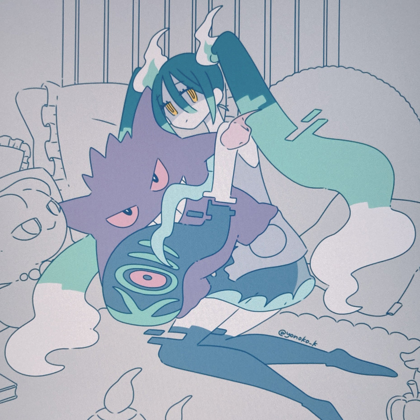 1girl bare_shoulders blue_hair blue_sleeves blue_thighhighs closed_mouth commentary_request detached_arm detached_sleeves full_body ghost_miku_(project_voltage) glitch grey_background grey_shirt hair_between_eyes hatsune_miku haunter highres hug indoors long_hair misdreavus pale_skin pillow pokemon print_sleeves project_voltage see-through see-through_skirt shirt skirt sleeveless sleeveless_shirt sleeves_past_fingers sleeves_past_wrists solo stuffed_toy thigh-highs twintails twitter_username very_long_hair vocaloid white_hair yellow_eyes yonoko_k