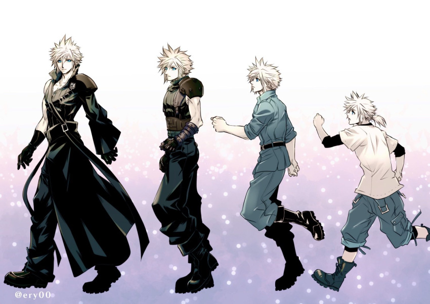 1boy age_progression aged_down aiz00 armor baggy_pants belt belt_buckle black_footwear black_gloves black_pants black_shirt black_sleeves blonde_hair blue_eyes blue_jacket blue_pants blue_shorts boots buckle cloud_strife commentary_request detached_sleeves final_fantasy final_fantasy_vii final_fantasy_vii_advent_children final_fantasy_vii_remake from_side full_body gloves jacket light_particles low_ponytail multiple_views official_alternate_costume pants popped_collar ribbed_sweater running shinra_infantry_uniform shirt short_hair shorts shoulder_armor single_bare_shoulder single_detached_sleeve sleeveless sleeveless_turtleneck spiky_hair sweater turtleneck turtleneck_sweater twitter_username walking white_shirt zipper