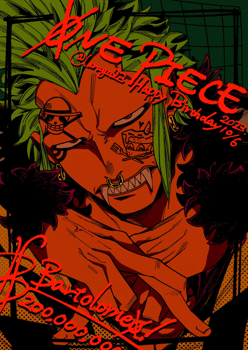 1boy absurdres bartolomeo crossed_fingers dated green_hair happy_birthday head_tilt highres jitome jolly_roger larugo0513 looking_at_viewer male_focus nose_piercing nose_ring one_piece open_clothes piercing sanpaku sharp_teeth solo spiky_hair straw_hats_jolly_roger teeth tusks upper_body