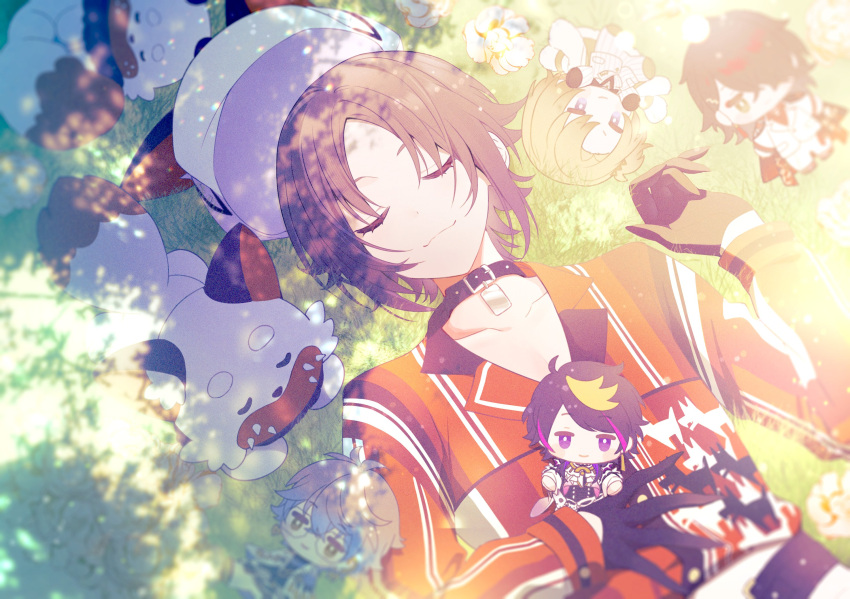 1boy :3 animal_ears animal_hat ayame_(3103942) black_choker black_gloves brown_hair character_doll choker closed_eyes closed_mouth collarbone collared_shirt commentary dappled_sunlight english_commentary eyelashes fox fox_hat gloves grass hand_up hat hat_removed headwear_removed highres ike_eveland ike_eveland_(1st_costume) jewelry long_sleeves luca_kaneshiro luca_kaneshiro_(1st_costume) luxiem lying male_focus multicolored_clothes multicolored_shirt mysta_rias mysta_rias_(1st_costume) mystake_(mysta_rias) nijisanji nijisanji_en on_back on_grass orange_shirt parted_bangs pendant pendant_choker shirt short_hair shu_yamino shu_yamino_(1st_costume) sidelocks smile solo striped striped_shirt sunlight u_u virtual_youtuber vox_akuma vox_akuma_(1st_costume) white_headwear