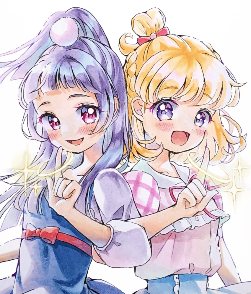 2girls :d asahina_mirai blonde_hair blush commentary_request eyelashes hair_ornament happy highres izayoi_liko lilylily0601 long_hair looking_at_viewer mahou_girls_precure! multiple_girls open_mouth pink_eyes precure purple_hair simple_background smile standing violet_eyes white_background