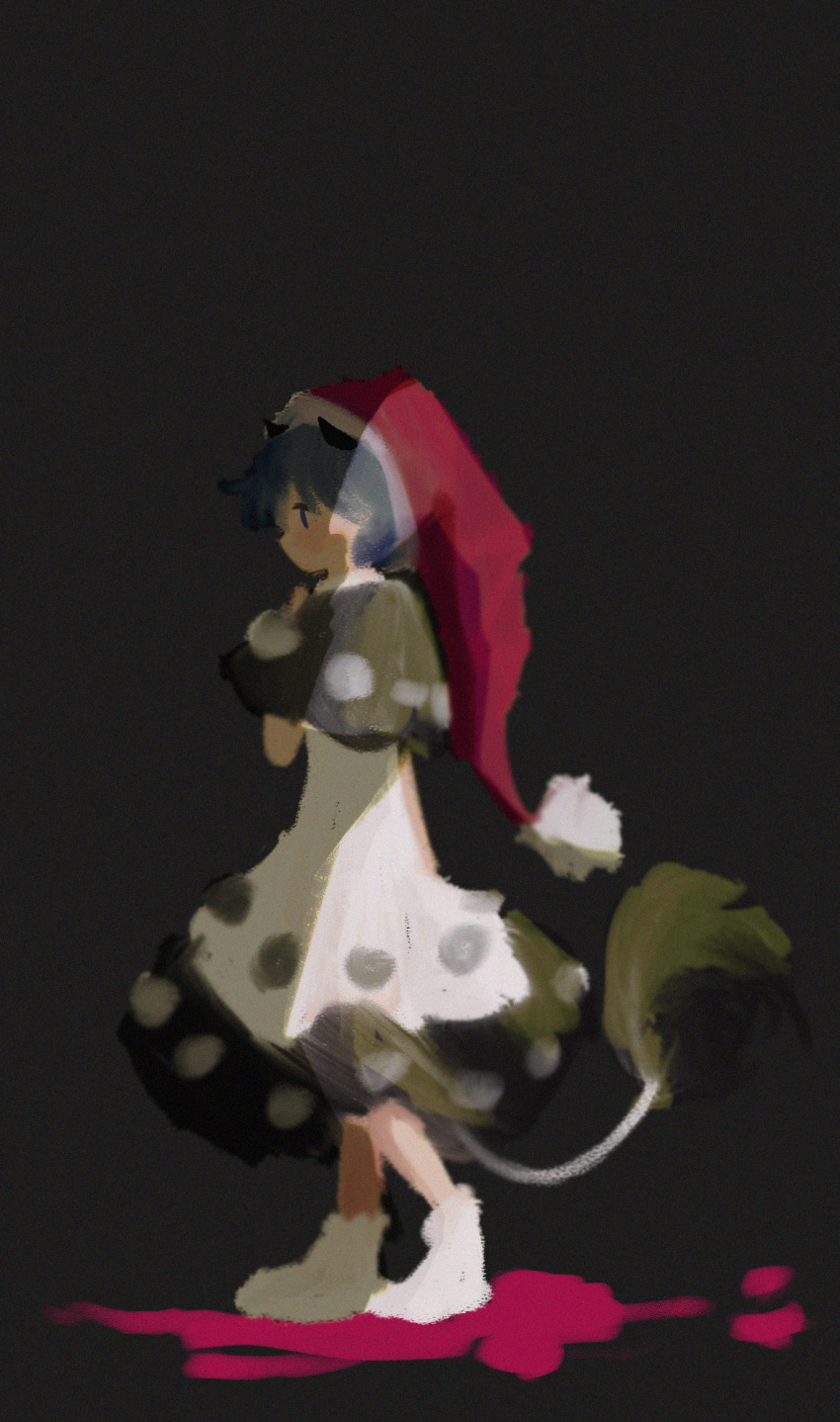 1girl black_background black_capelet blue_hair capelet dark_background doremy_sweet dress from_side full_body hat highres minamia23 nightcap red_headwear short_hair simple_background solid_oval_eyes solo tail tapir_tail touhou walking white_dress white_footwear