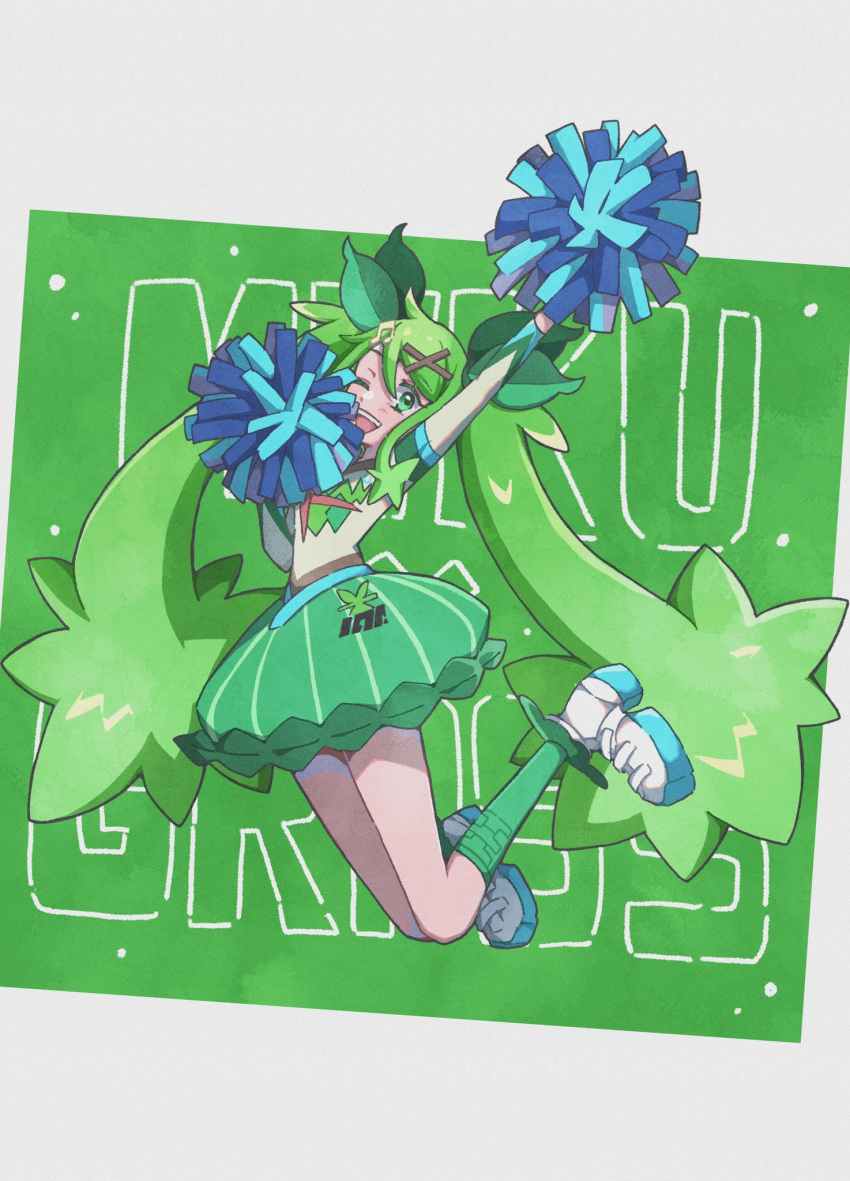 1girl domidomi444 grass_miku_(project_voltage) green_eyes green_hair green_skirt green_socks hair_ornament hatsune_miku highres jumping kneehighs leaf_hair_ornament long_hair musical_note musical_note_hair_ornament one_eye_closed open_mouth pokemon pom_pom_(cheerleading) project_voltage sidelocks skirt smile socks twintails very_long_hair vocaloid x_hair_ornament