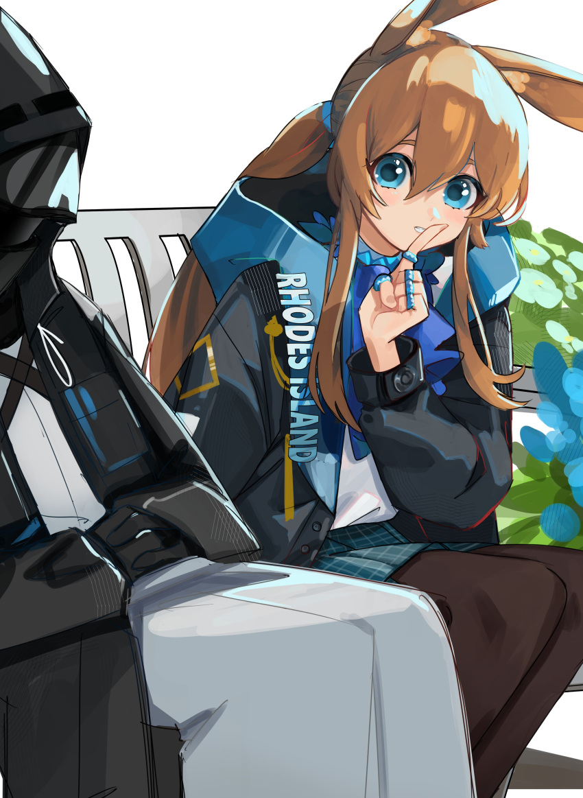 1girl 1other absurdres amiya_(arknights) animal_ears arknights ascot bench black_coat blue_ascot blue_eyes brown_hair brown_pantyhose clothes_writing coat doctor_(arknights) feet_out_of_frame finger_to_mouth helmet highres hooded_coat jewelry long_hair long_sleeves looking_at_viewer miniskirt multiple_rings open_clothes open_coat open_mouth pantyhose ponytail rabbit_ears ring shirt shirt_tucked_in shushing sitting skirt smile u_no_nijiart white_shirt