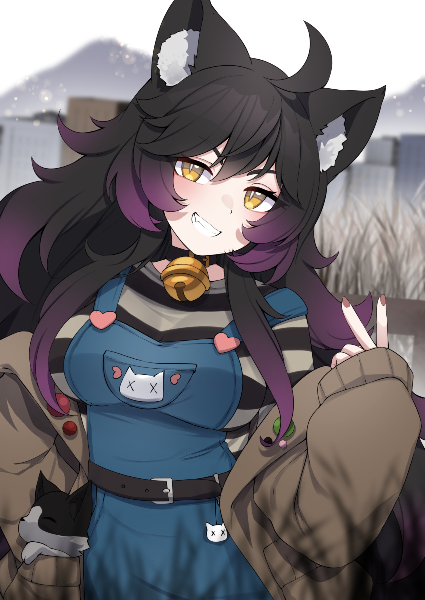 1girl absurdres ahoge animal animal_ear_fluff animal_ears animal_in_clothes bell belt black_belt black_choker black_hair blue_overalls blurry blurry_background breasts brown_coat cat cat_ears cat_girl choker coat colored_tips commentary commission fence fleshy_(vtuber) heart highres indie_virtual_youtuber multicolored_hair neck_bell overalls purple_hair shirt slit_pupils solo striped striped_shirt symbol-only_commentary teeth valefal_coneri virtual_youtuber yellow_eyes