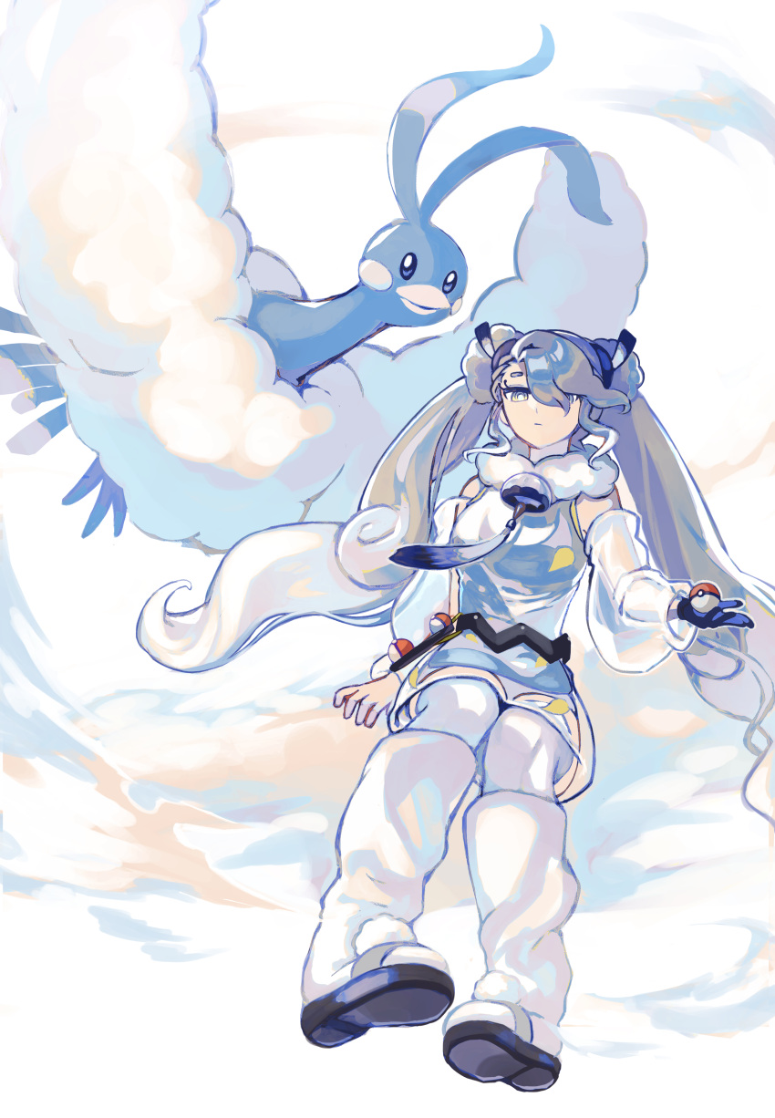 1girl absurdres altaria bare_shoulders beekan blue_gloves boots bright_pupils closed_mouth clouds commentary_request detached_sleeves dress flying_miku_(project_voltage) gloves grey_hair hair_over_one_eye hatsune_miku highres holding holding_poke_ball knee_boots long_hair looking_at_viewer multicolored_hair one_eye_covered poke_ball poke_ball_(basic) pokemon pokemon_(creature) pom_pom_(clothes) project_voltage see-through see-through_skirt see-through_sleeves sidelocks single_glove sitting sitting_on_cloud skirt sleeveless sleeveless_dress thigh-highs twintails two-tone_hair very_long_hair vocaloid white_dress white_footwear white_hair white_thighhighs
