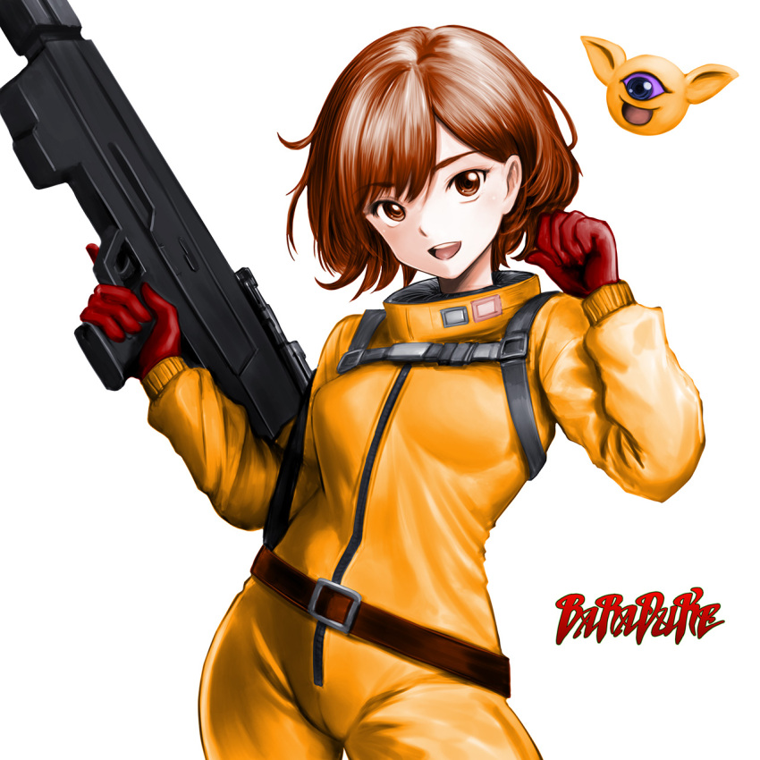 1girl baraduke belt bodysuit breasts brown_belt brown_eyes brown_hair commentary_request copyright_name cowboy_shot gloves gun highres holding holding_gun holding_weapon long_sleeves medium_breasts minamoto80486 orange_bodysuit partial_commentary red_gloves short_hair simple_background solo spacesuit standing swept_bangs toby_masuyo trigger_discipline weapon white_background zipper