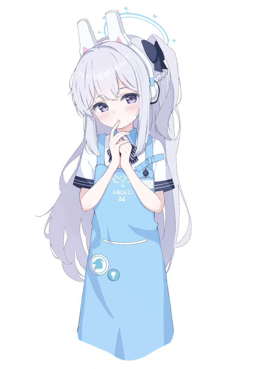 1girl angel's_24_uniform_(blue_archive) animal_ears apron blue_apron blue_archive blush braid cram960 crown_braid fake_animal_ears grey_hair hair_between_eyes highres long_hair looking_at_viewer miyako_(blue_archive) miyako_(lawson)_(blue_archive) official_alternate_costume one_side_up polo_shirt rabbit_ears shirt short_sleeves simple_background solo upper_body violet_eyes white_background white_shirt