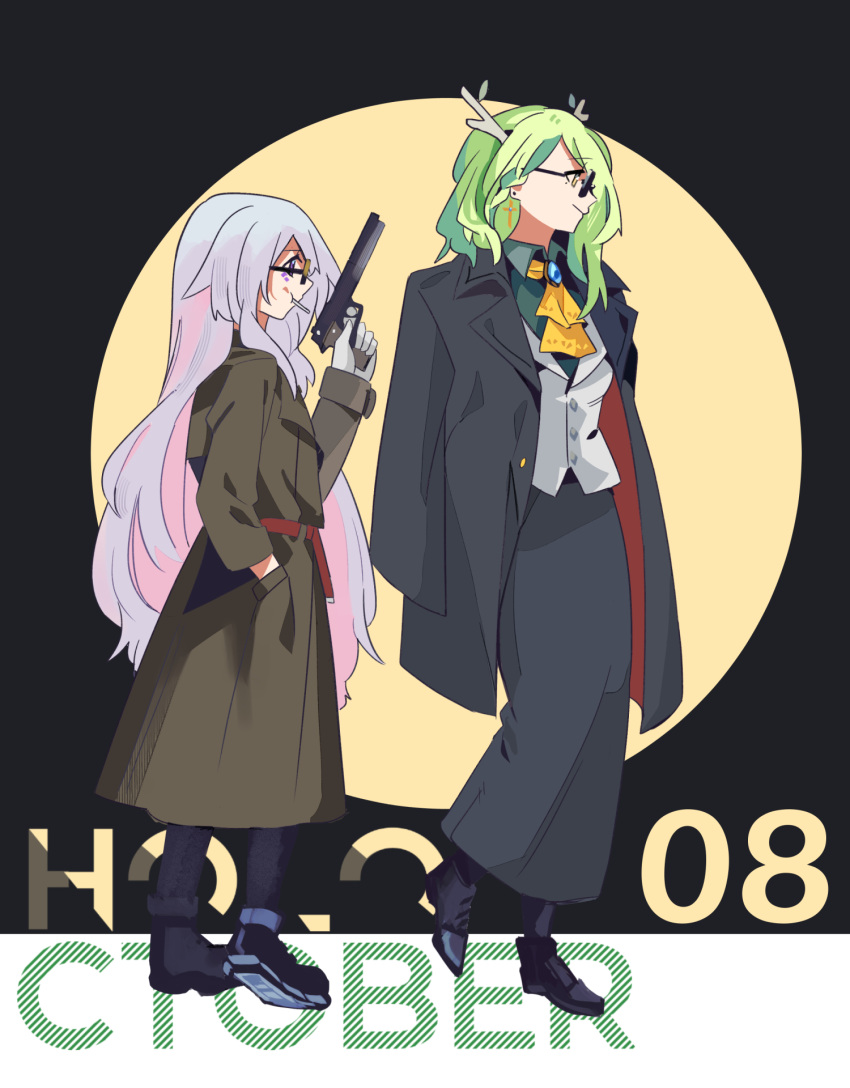 antlers black_background ceres_fauna earrings fongban_illust formal gangster gloves green_hair grey_hair gun hair_ornament handgun highres hololive hololive_english jewelry koseki_bijou long_hair mafia neckerchief suit sunglasses trench_coat violet_eyes virtual_youtuber weapon yellow_background
